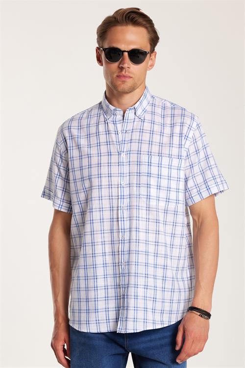Erkek Regular Fit Klasik Kesim Oversize %100 Pamuk Keten Doku Cepli Kareli Kısa Kollu Düğmeli Yaka Gömlek