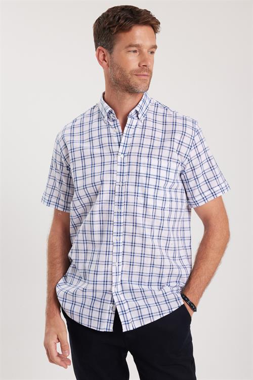 Erkek Regular Fit Klasik Kesim Oversize %100 Pamuk Keten Doku Cepli Kareli Kısa Kollu Düğmeli Yaka Gömlek