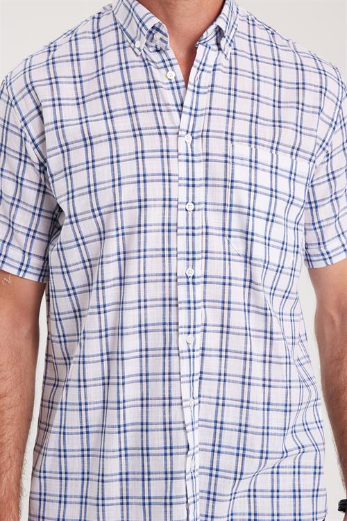 Erkek Regular Fit Klasik Kesim Oversize %100 Pamuk Keten Doku Cepli Kareli Kısa Kollu Düğmeli Yaka Gömlek
