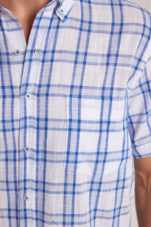 Erkek Regular Fit Klasik Kesim Oversize %100 Pamuk Keten Doku Tek Cepli Kareli Kısa Kollu Düğmeli Yaka Gömlek