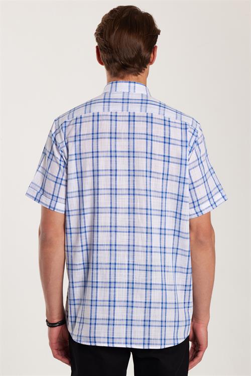 Erkek Regular Fit Klasik Kesim Oversize %100 Pamuk Keten Doku Tek Cepli Kareli Kısa Kollu Düğmeli Yaka Gömlek