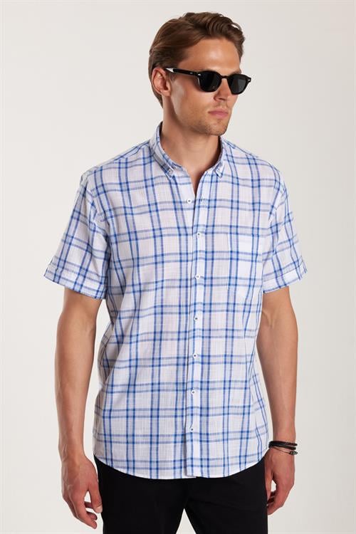 Erkek Regular Fit Klasik Kesim Oversize %100 Pamuk Keten Doku Tek Cepli Kareli Kısa Kollu Düğmeli Yaka Gömlek