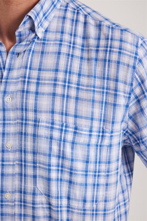 Erkek Regular Fit Klasik Kesim Oversize %100 Pamuk Keten Doku Cepli Kareli Kısa Kollu Düğmeli Yaka Gömlek