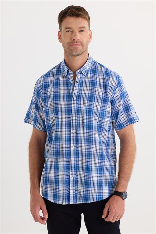 Erkek Regular Fit Klasik Kesim Oversize %100 Pamuk Keten Doku Cepli Kareli Kısa Kollu Düğmeli Yaka Gömlek