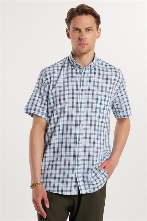 Erkek Regular Fit Klasik Kesim Oversize %100 Pamuk Keten Doku Tek Cepli Kareli Kısa Kollu Düğmeli Yaka Gömlek
