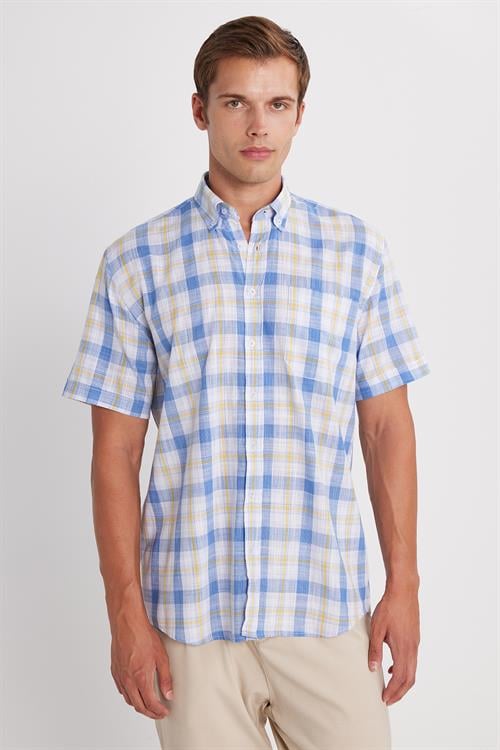 Erkek Regular Fit Klasik Kesim Oversize %100 Pamuk Keten Doku Cepli Kareli Kısa Kollu Düğmeli Yaka Gömlek