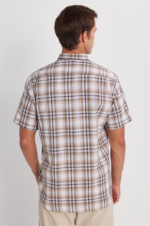 Erkek Regular Fit Klasik Kesim Oversize %100 Pamuk Keten Doku Cepli Kareli Kısa Kollu Düğmeli Yaka Gömlek