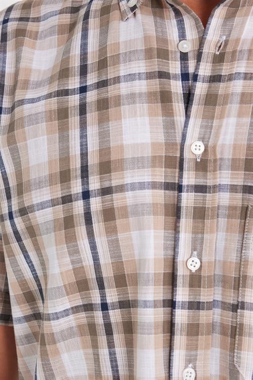 Erkek Regular Fit Klasik Kesim Oversize %100 Pamuk Keten Doku Cepli Kareli Kısa Kollu Düğmeli Yaka Gömlek