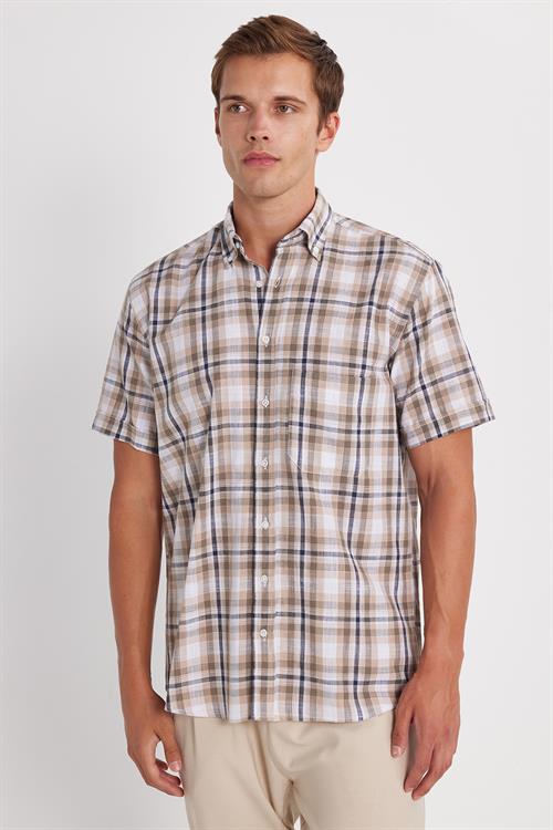 Erkek Regular Fit Klasik Kesim Oversize %100 Pamuk Keten Doku Cepli Kareli Kısa Kollu Düğmeli Yaka Gömlek