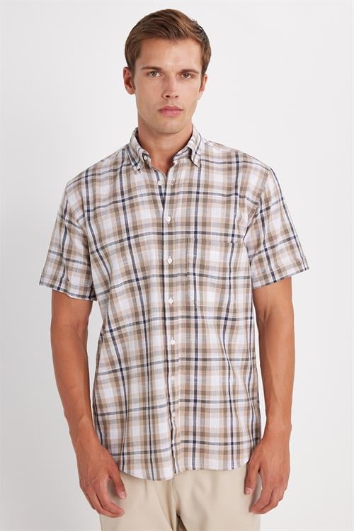 Erkek Regular Fit Klasik Kesim Oversize %100 Pamuk Keten Doku Cepli Kareli Kısa Kollu Düğmeli Yaka Gömlek
