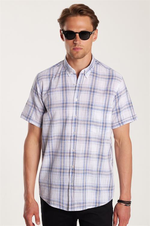 Erkek Regular Fit Klasik Kesim Oversize %100 Pamuk Keten Doku Tek Cepli Kareli Kısa Kollu Düğmeli Yaka Gömlek