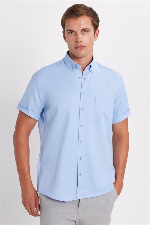 Erkek Klasik Regular Fit Rahat Kesim Düğmeli Spor Yaka Oxford Pamuklu Kısa Kol Mavi Gömlek
