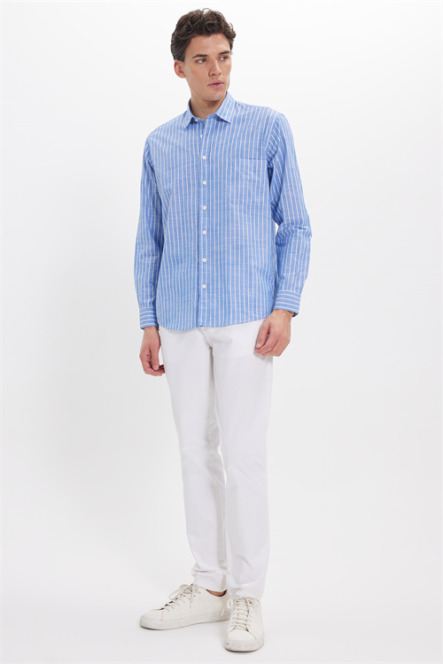 Erkek Regular Fit Klasik Kesim Oversize Uzun Kollu %100 Pamuk Keten Doku Tek Cepli Mavi Çizgili Gömlek