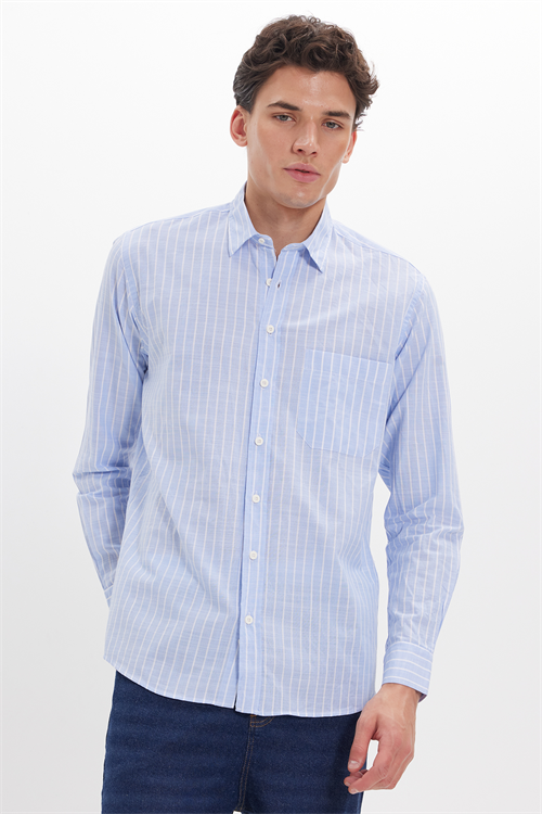 Erkek Regular Fit Klasik Kesim Oversize Uzun Kollu %100 Pamuk Keten Doku Tek Cepli Mavi Çizgili Gömlek