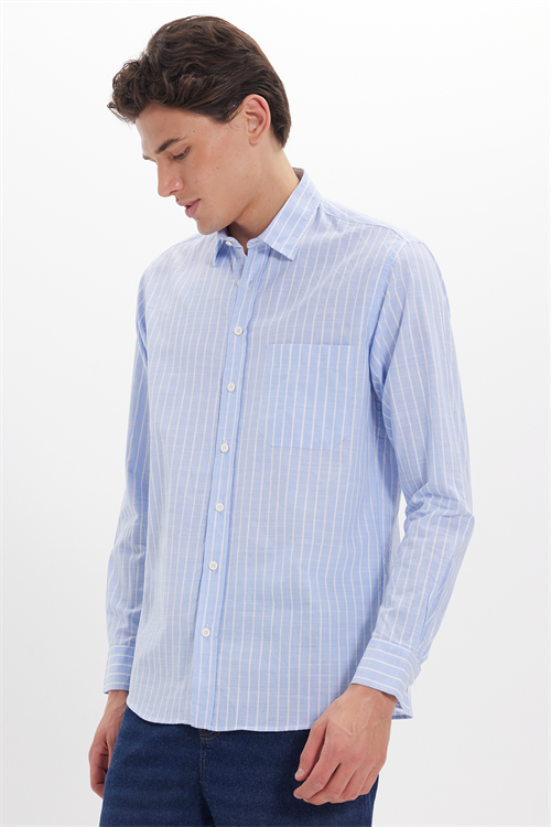 Erkek Regular Fit Klasik Kesim Oversize Uzun Kollu %100 Pamuk Keten Doku Tek Cepli Mavi Çizgili Gömlek