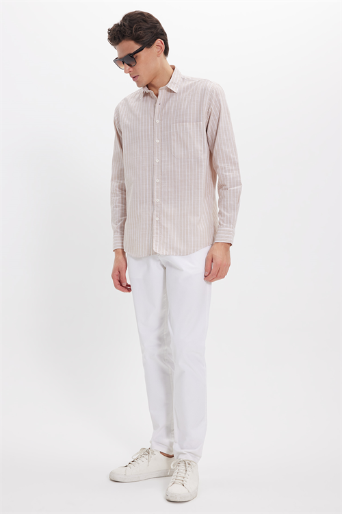 Erkek Regular Fit Klasik Kesim Oversize Uzun Kollu %100 Pamuk Keten Doku Tek Cepli Bej Çizgili Gömlek