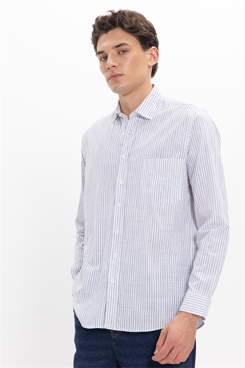 Erkek Regular Fit Klasik Kesim Oversize Uzun Kollu %100 Pamuk Keten Doku Tek Cepli Lacivert Çizgili Gömlek