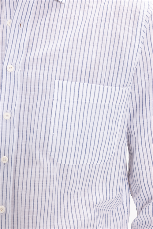 Erkek Regular Fit Klasik Kesim Oversize Uzun Kollu %100 Pamuk Keten Doku Tek Cepli Lacivert Çizgili Gömlek