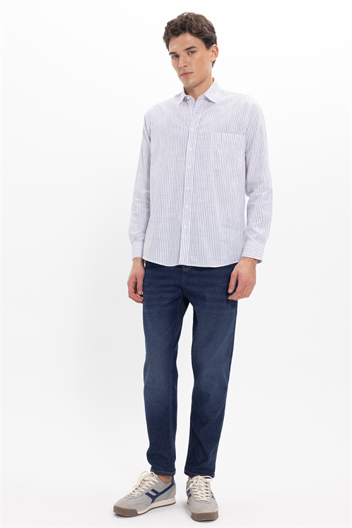 Erkek Regular Fit Klasik Kesim Oversize Uzun Kollu %100 Pamuk Keten Doku Tek Cepli Lacivert Çizgili Gömlek