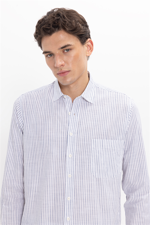 Erkek Regular Fit Klasik Kesim Oversize Uzun Kollu %100 Pamuk Keten Doku Tek Cepli Lacivert Çizgili Gömlek