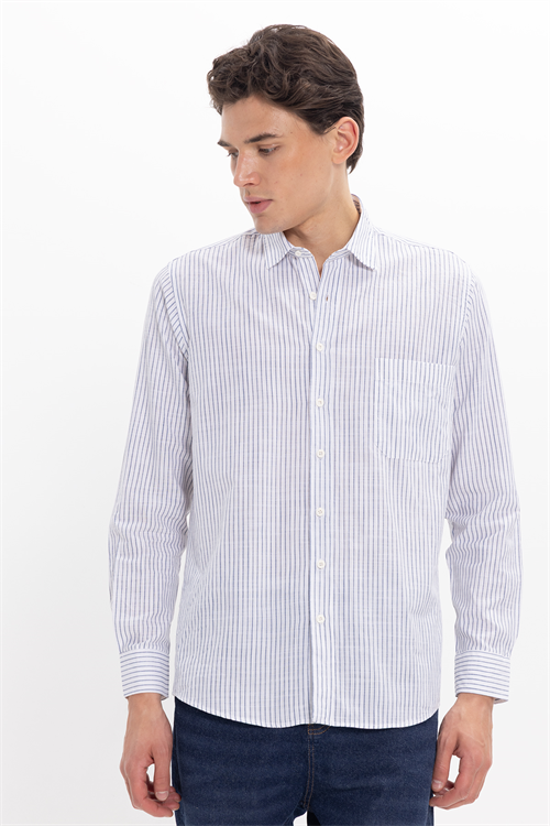 Erkek Regular Fit Klasik Kesim Oversize Uzun Kollu %100 Pamuk Keten Doku Tek Cepli Lacivert Çizgili Gömlek