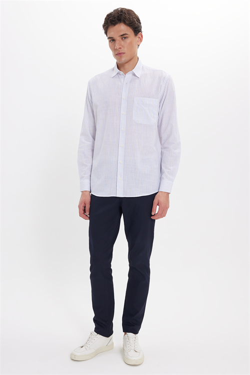 Erkek Regular Fit Klasik Kesim Oversize Uzun Kollu %100 Pamuk Keten Doku Tek Cepli Çizgili Mavi Gömlek