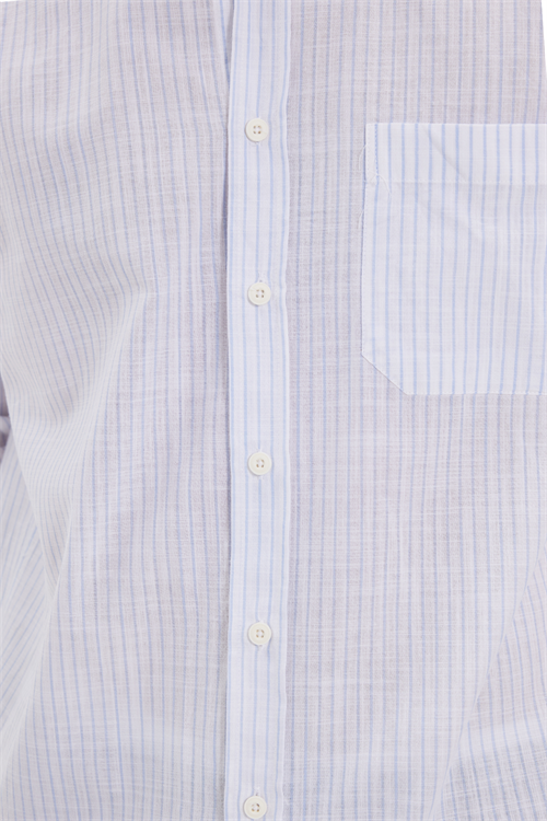Erkek Regular Fit Klasik Kesim Oversize Uzun Kollu %100 Pamuk Keten Doku Tek Cepli Çizgili Mavi Gömlek