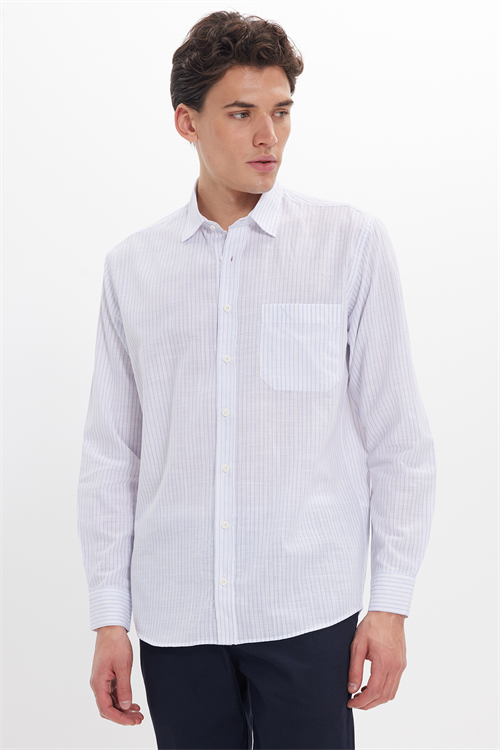 Erkek Regular Fit Klasik Kesim Oversize Uzun Kollu %100 Pamuk Keten Doku Tek Cepli Çizgili Mavi Gömlek