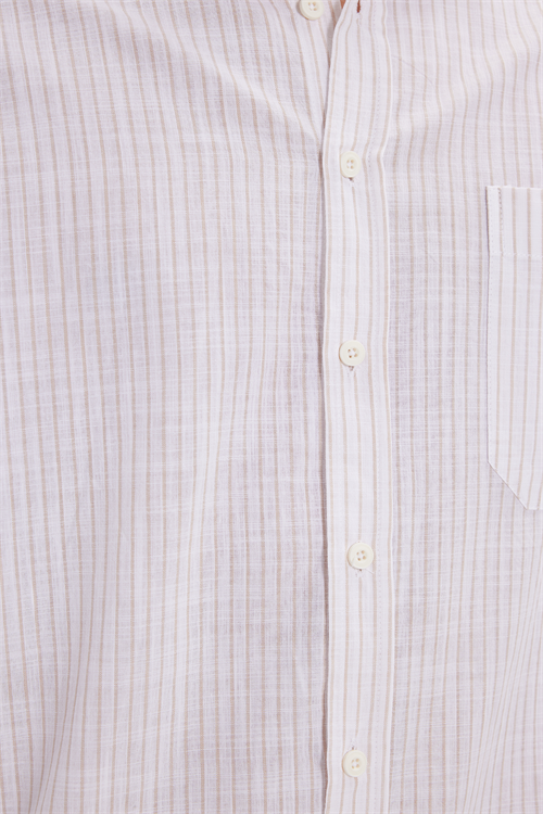 Erkek Regular Fit Klasik Kesim Oversize Uzun Kollu %100 Pamuk Keten Doku Tek Cepli Çizgili Bej Gömlek