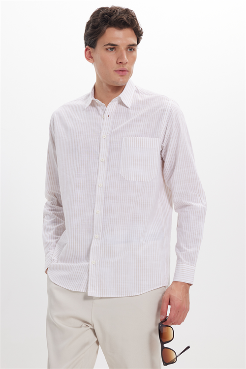 Erkek Regular Fit Klasik Kesim Oversize Uzun Kollu %100 Pamuk Keten Doku Tek Cepli Çizgili Bej Gömlek