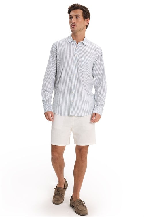 Erkek Regular Fit Klasik Kesim Oversize Uzun Kollu %100 Pamuk Keten Doku Tek Cepli Çizgili Yeşil Gömlek