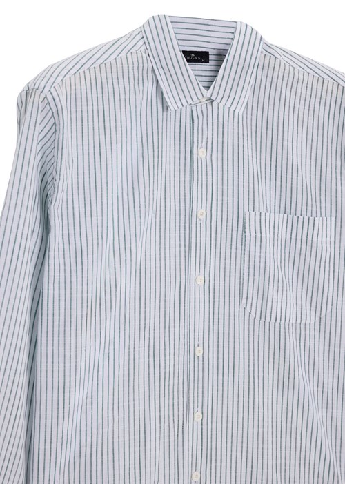 Erkek Regular Fit Klasik Kesim Oversize Uzun Kollu %100 Pamuk Keten Doku Tek Cepli Çizgili Yeşil Gömlek