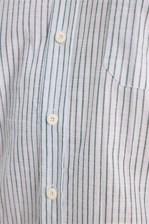 Erkek Regular Fit Klasik Kesim Oversize Uzun Kollu %100 Pamuk Keten Doku Tek Cepli Çizgili Yeşil Gömlek