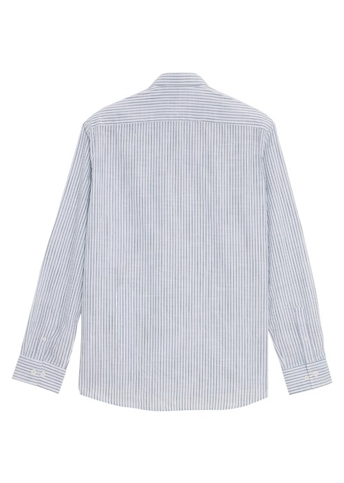 Erkek Regular Fit Klasik Kesim Oversize Uzun Kollu %100 Pamuk Keten Doku Tek Cepli Çizgili Yeşil Gömlek