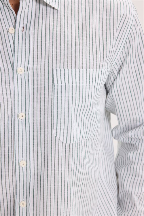 Erkek Regular Fit Klasik Kesim Oversize Uzun Kollu %100 Pamuk Keten Doku Tek Cepli Çizgili Yeşil Gömlek