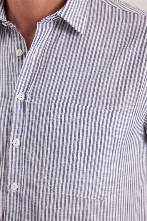 Erkek Regular Fit Klasik Kesim Oversize Uzun Kollu %100 Pamuk Keten Doku Tek Cepli Füme Çizgili Gömlek