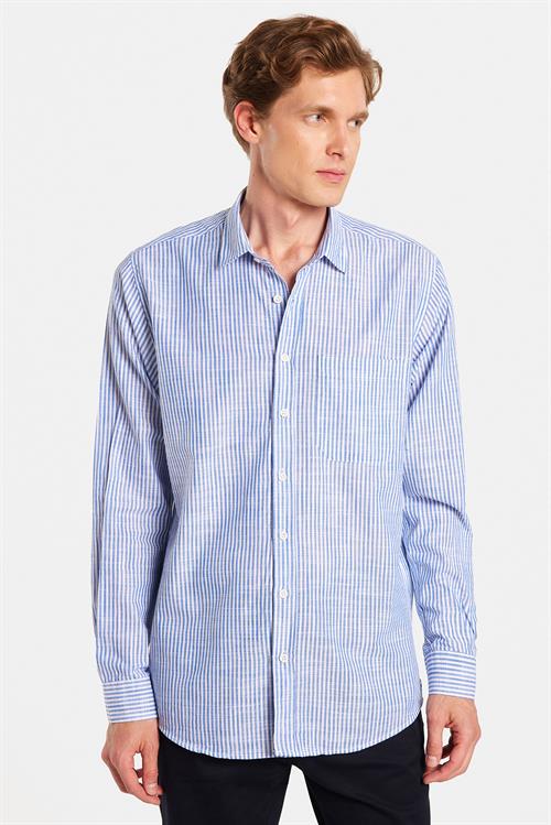 Erkek Regular Fit Klasik Kesim Oversize Uzun Kollu %100 Pamuk Keten Doku Tek Cepli Çizgili Yeşil Gömlek