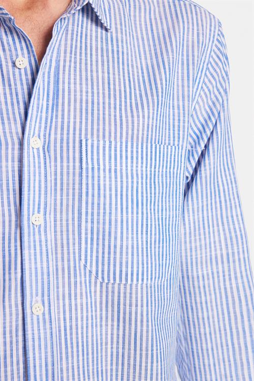 Erkek Regular Fit Klasik Kesim Oversize Uzun Kollu %100 Pamuk Keten Doku Tek Cepli Çizgili Yeşil Gömlek