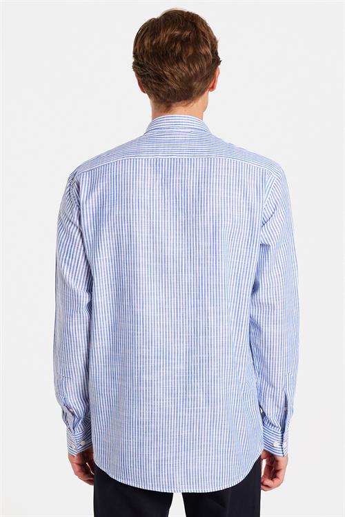 Erkek Regular Fit Klasik Kesim Oversize Uzun Kollu %100 Pamuk Keten Doku Tek Cepli Çizgili Yeşil Gömlek