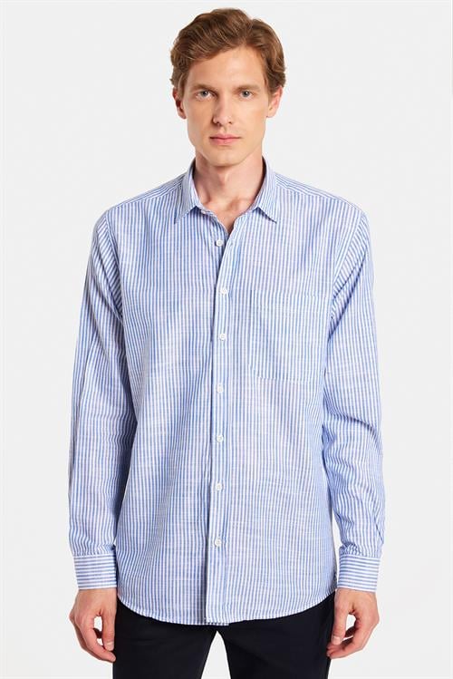 Erkek Regular Fit Klasik Kesim Oversize Uzun Kollu %100 Pamuk Keten Doku Tek Cepli Çizgili Yeşil Gömlek