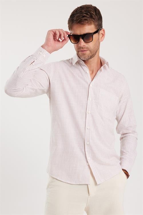 Erkek Regular Fit Klasik Kesim Oversize Uzun Kollu %100 Pamuk Keten Doku Tek Cepli Bej Çizgili Gömlek