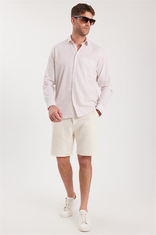 Erkek Regular Fit Klasik Kesim Oversize Uzun Kollu %100 Pamuk Keten Doku Tek Cepli Bej Çizgili Gömlek