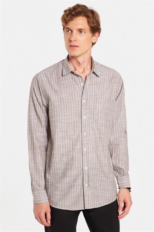 Erkek Regular Fit Klasik Kesim Oversize Uzun Kollu %100 Pamuk Keten Doku Tek Cepli Çizgili Kahverengi Gömlek