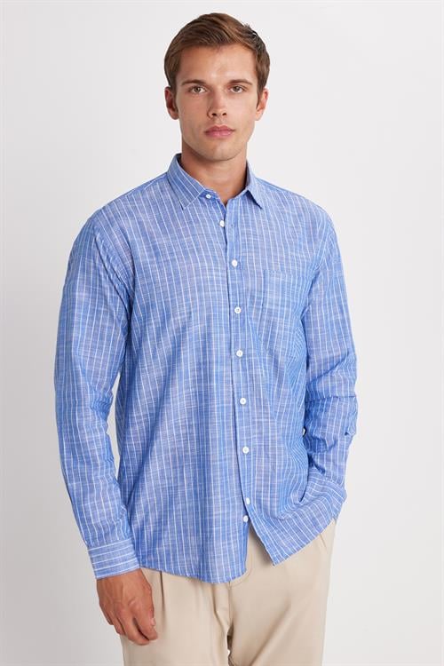 Erkek Regular Fit Klasik Kesim Oversize Uzun Kollu %100 Pamuk Keten Doku Tek Cepli Lacivert Çizgili Gömlek