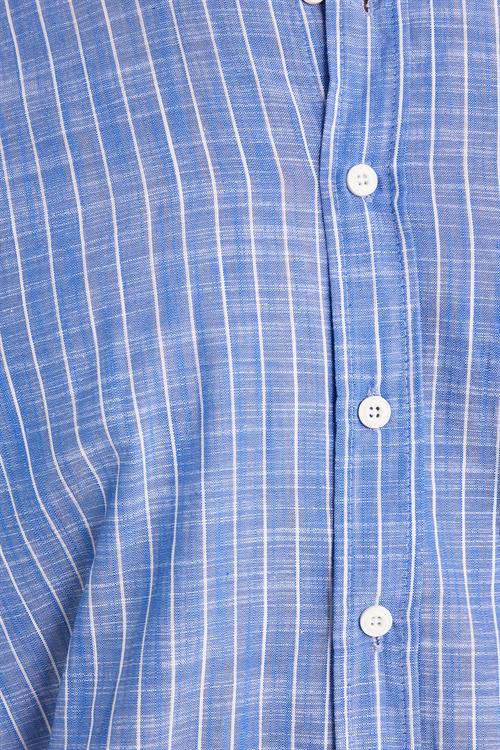 Erkek Regular Fit Klasik Kesim Oversize Uzun Kollu %100 Pamuk Keten Doku Tek Cepli Lacivert Çizgili Gömlek