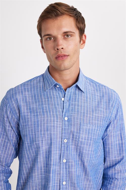 Erkek Regular Fit Klasik Kesim Oversize Uzun Kollu %100 Pamuk Keten Doku Tek Cepli Lacivert Çizgili Gömlek