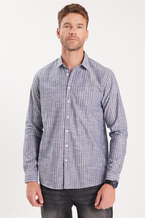 Erkek Regular Fit Klasik Kesim Oversize Uzun Kollu %100 Pamuk Keten Doku Tek Cepli Füme Çizgili Gömlek