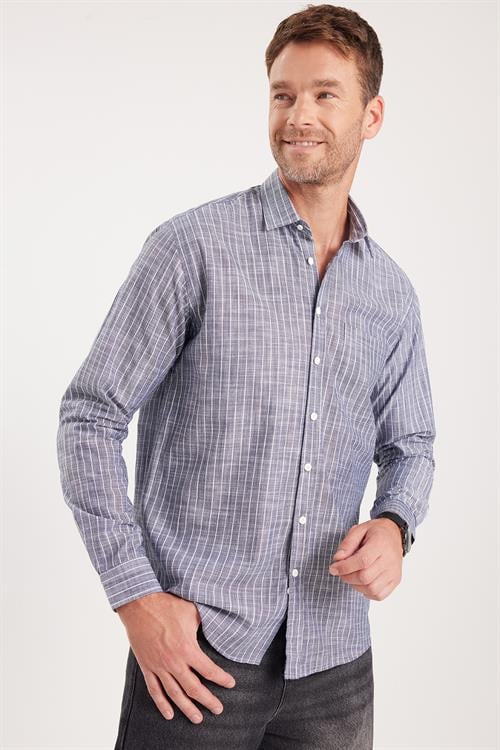 Erkek Regular Fit Klasik Kesim Oversize Uzun Kollu %100 Pamuk Keten Doku Tek Cepli Füme Çizgili Gömlek
