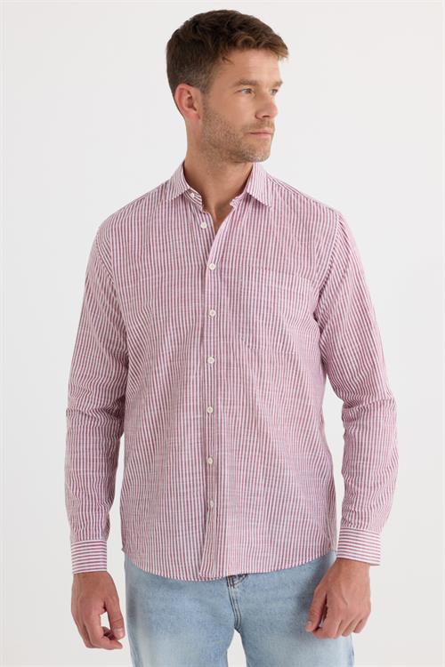 Erkek Regular Fit Klasik Kesim Oversize Uzun Kollu %100 Pamuk Keten Doku Tek Cepli Bordo Çizgili Gömlek