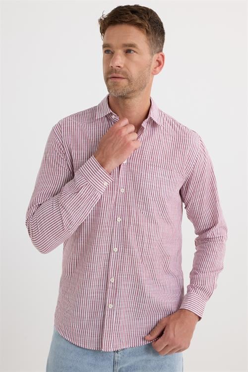 Erkek Regular Fit Klasik Kesim Oversize Uzun Kollu %100 Pamuk Keten Doku Tek Cepli Bordo Çizgili Gömlek